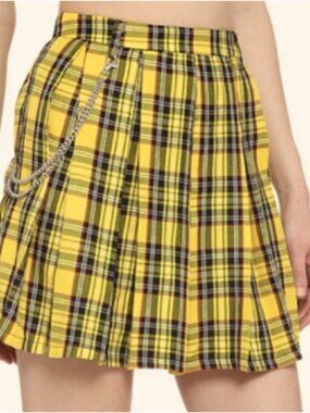 Hot Topic Yellow Black Plaid Mini Skirt Chain Pleat Kilt Clueless Small